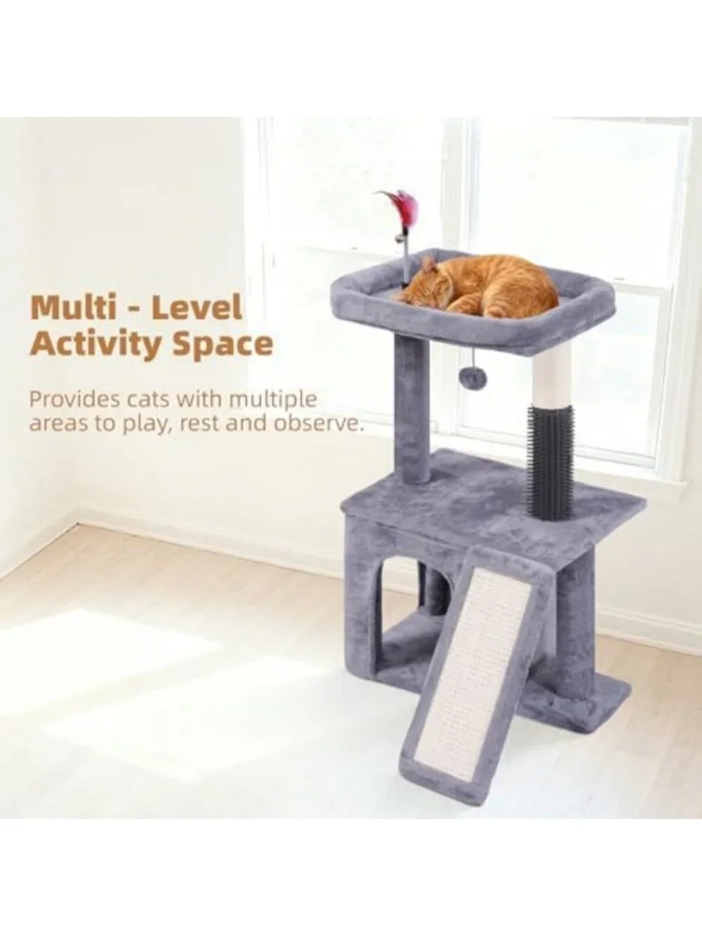 Cozy Cat Tree Tower with Self-Grooming Brush, Scratching Post & Interactive Toys